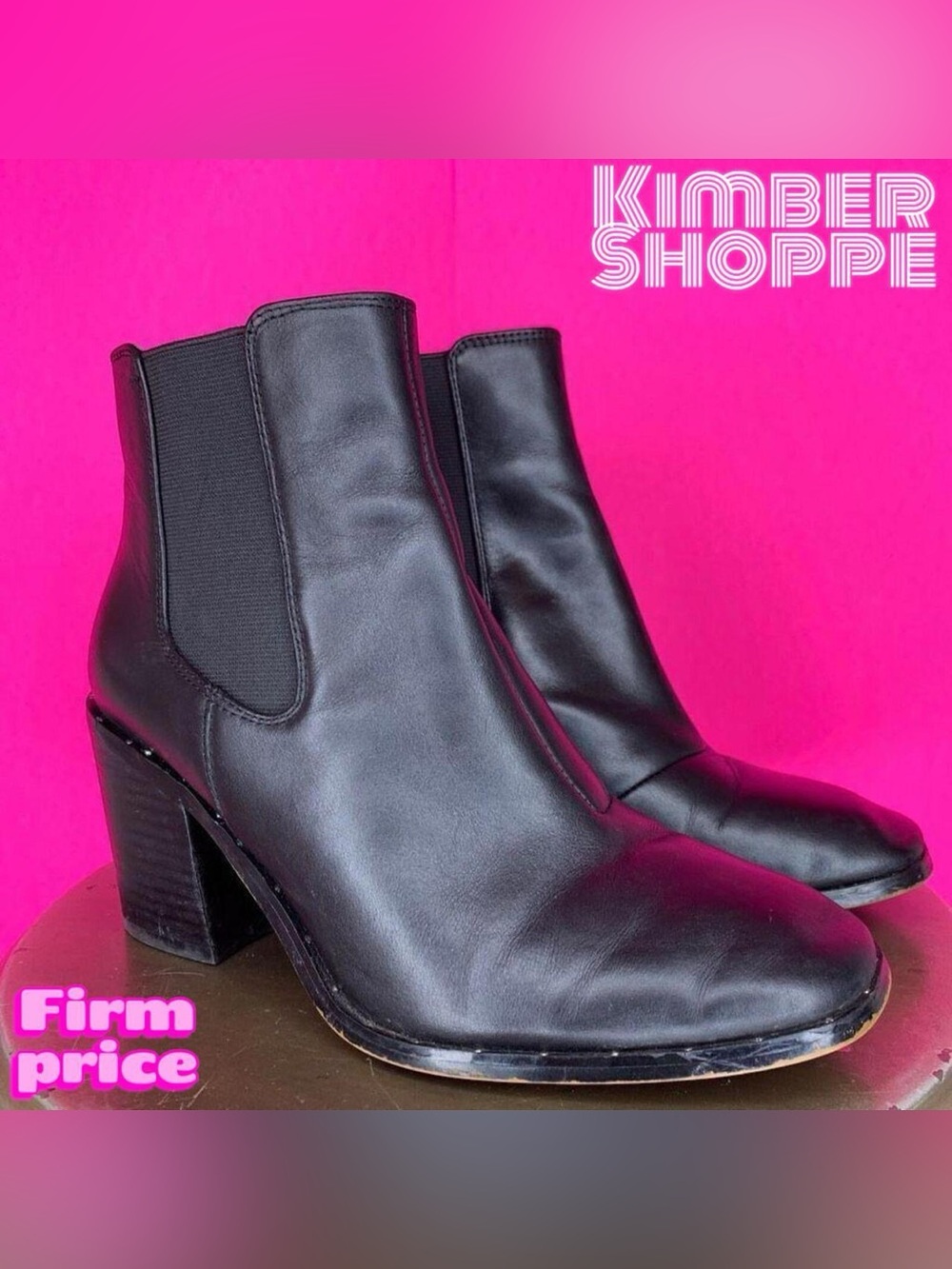 Renvy Debby Black Leather Block Heel Chelsea Boots US 6.5